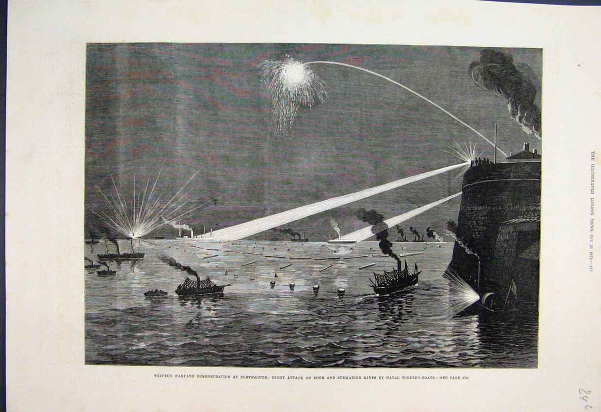 Original Old Antique Print 1879 Torpedo Portsmouth Attack Mines Naval Boats