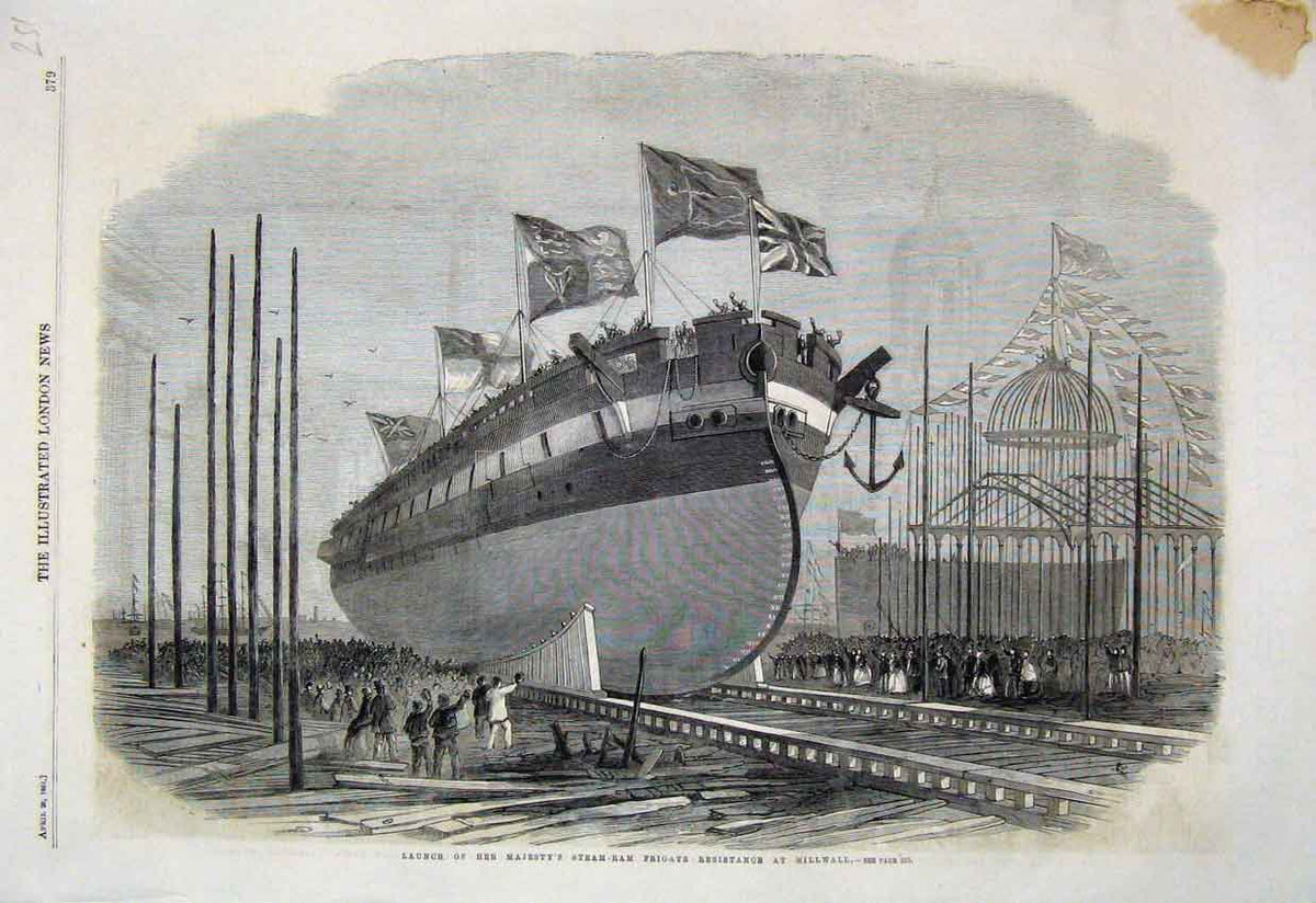 Original Old Antique Print 1861 Launch Majesty Steam Ram Frigate Resistance