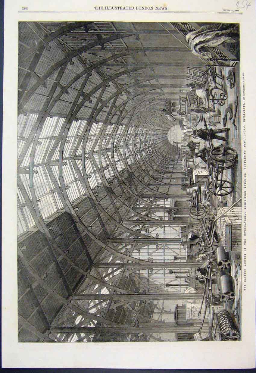 Original Old Antique Print 1862 Exhibition Building Agricultural Implements