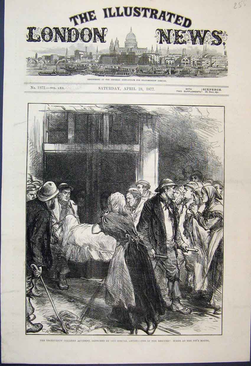Original Old Antique Print 1877 Troedyrhiw Colliery Accident Pits Mouth Sketch