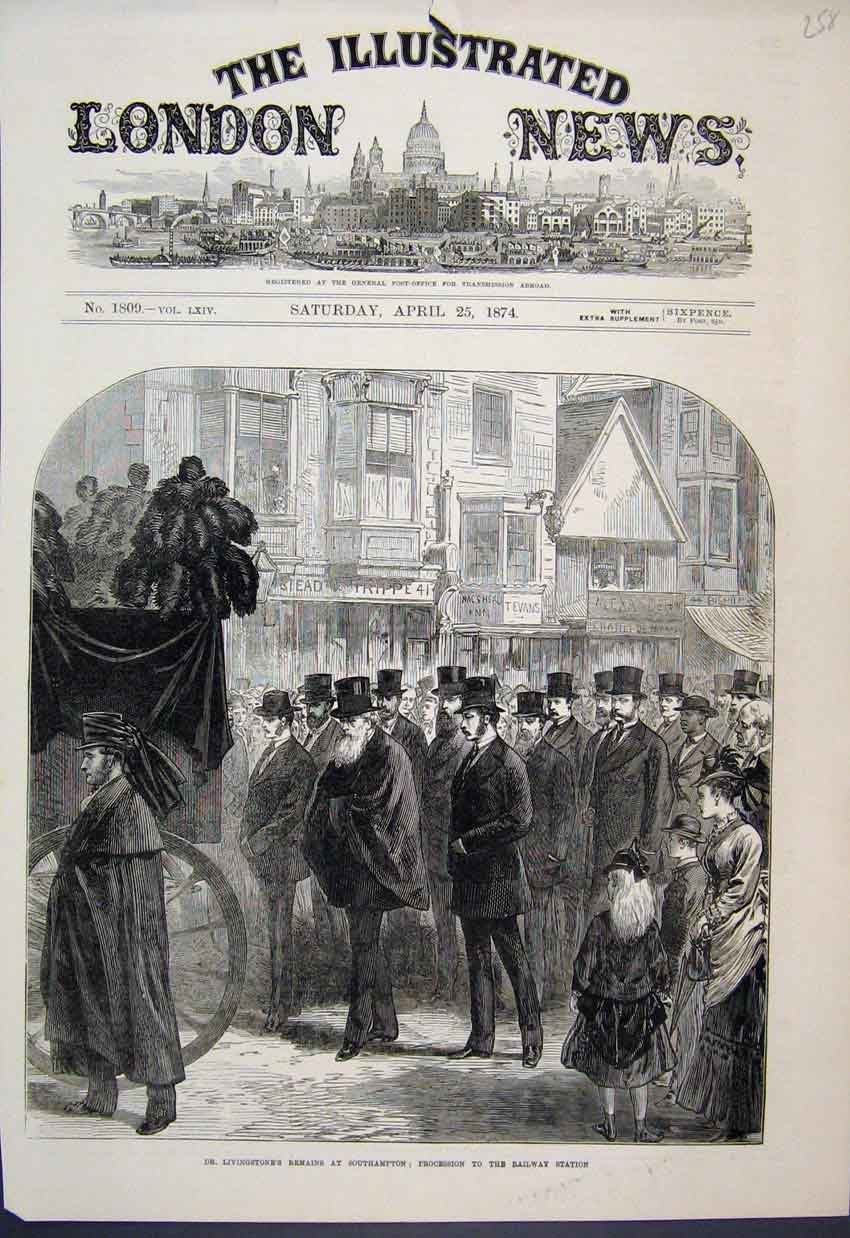 Original Old Antique Print 1874 Dr Livingstones Remains Southampton Victorian