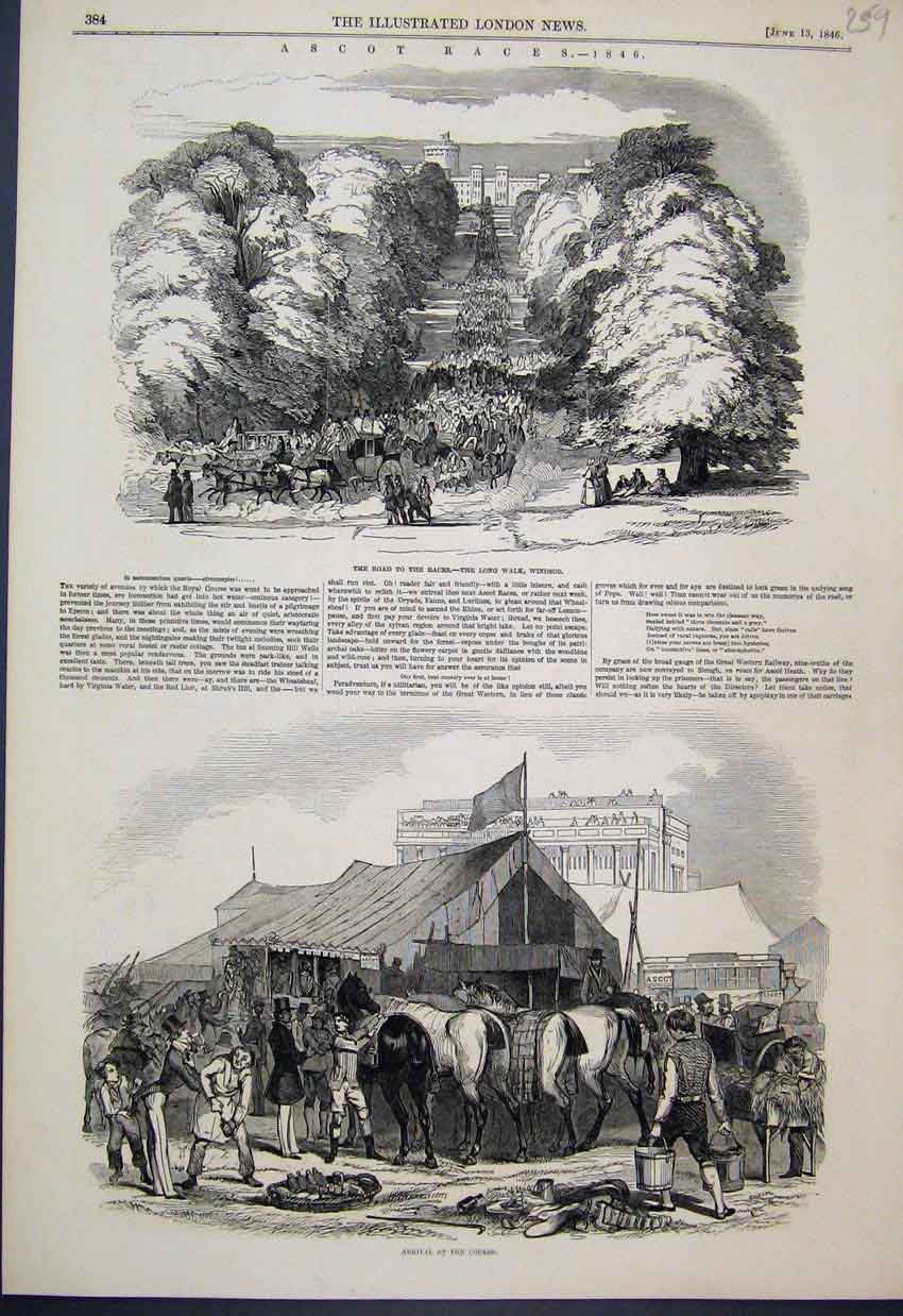 Original Old Antique Print 1846 Ascot Races Long Walk Windsor Horses Victorian