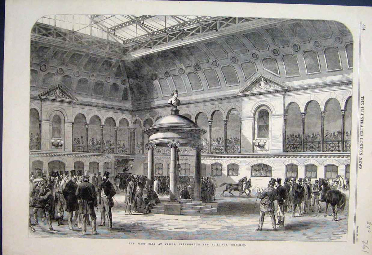 Original Old Antique Print 1685 First Sale Messrs Tattersalls Building