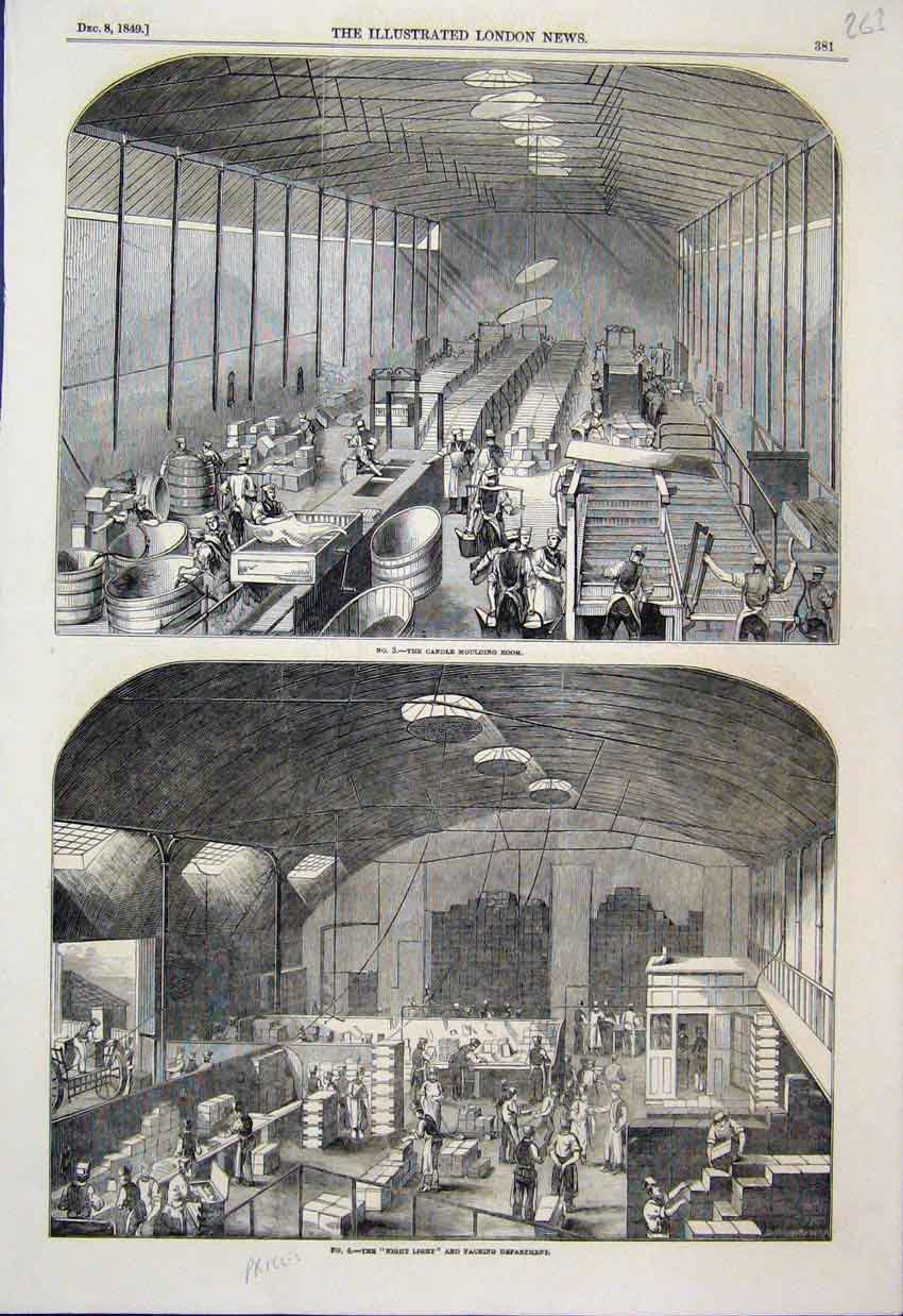 Original Old Antique Print 1849 Candle Moulding Room Packing Department. 19th