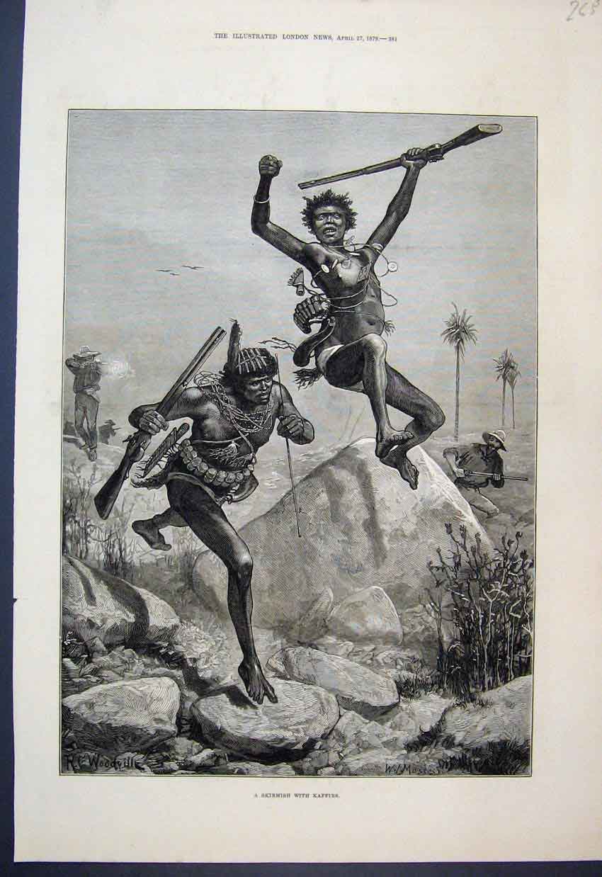 Original Old Antique Print 1878 Skirmish Kaffirs Men Shooting 19th