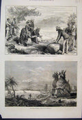 Old Antique Print 1876 Burmah Feed Fish Mandalay Idols Irrawaddy Sketch 19th