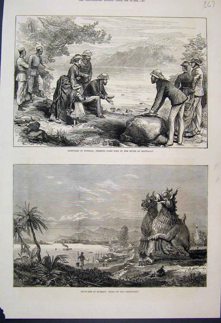 Old Antique Print 1876 Burmah Feed Fish Mandalay Idols Irrawaddy Sketch 19th