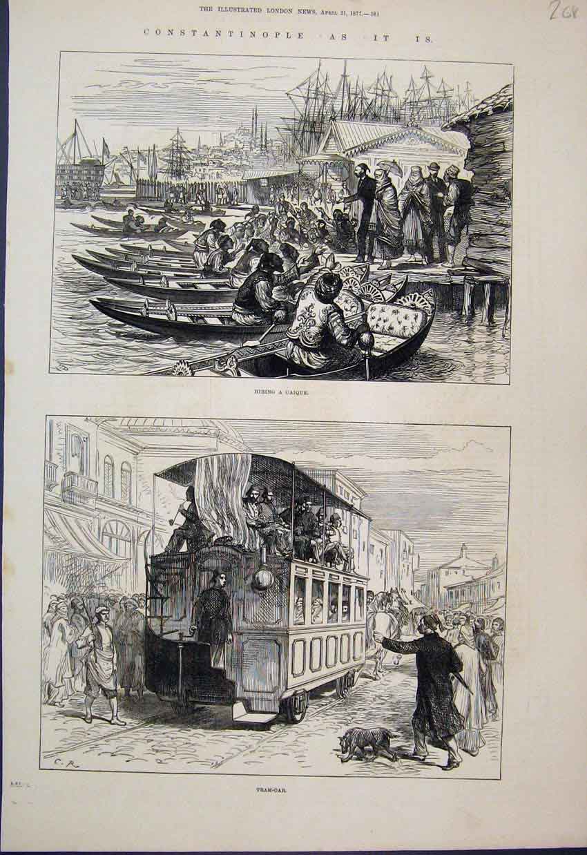 Original Old Antique Print 1877 Hiring Caique Tram Car Dog Horses Victorian