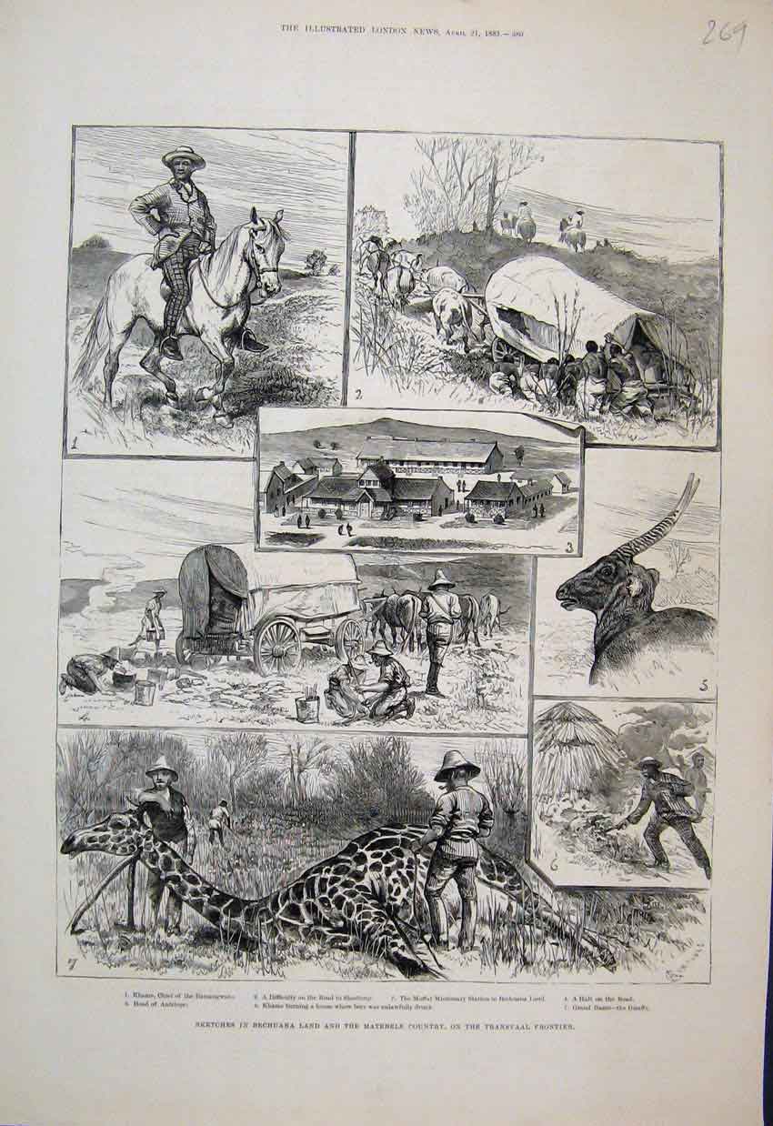 Old Antique Print 1883 Bechuana Land Matebele Transvaal Frontier Sketch 19th
