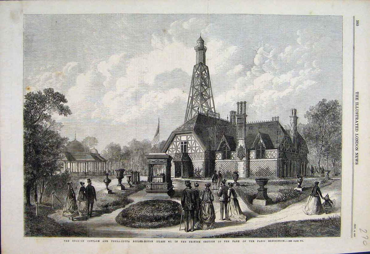 Original Old Antique Print 1867 English Cottage Boiler House Paris Exhibition