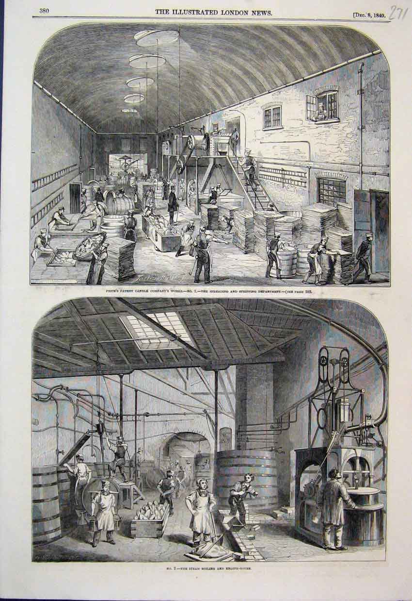 Original Old Antique Print 1849 Price Candle Company Engine House Victorian