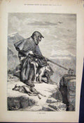 Original Old Antique Print 1881 Hunter Gun Dog Deer Birds Mountain Scene 19th