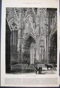 Original Old Antique Print 1880 West Door Cologne Cathedral Horse Victorian