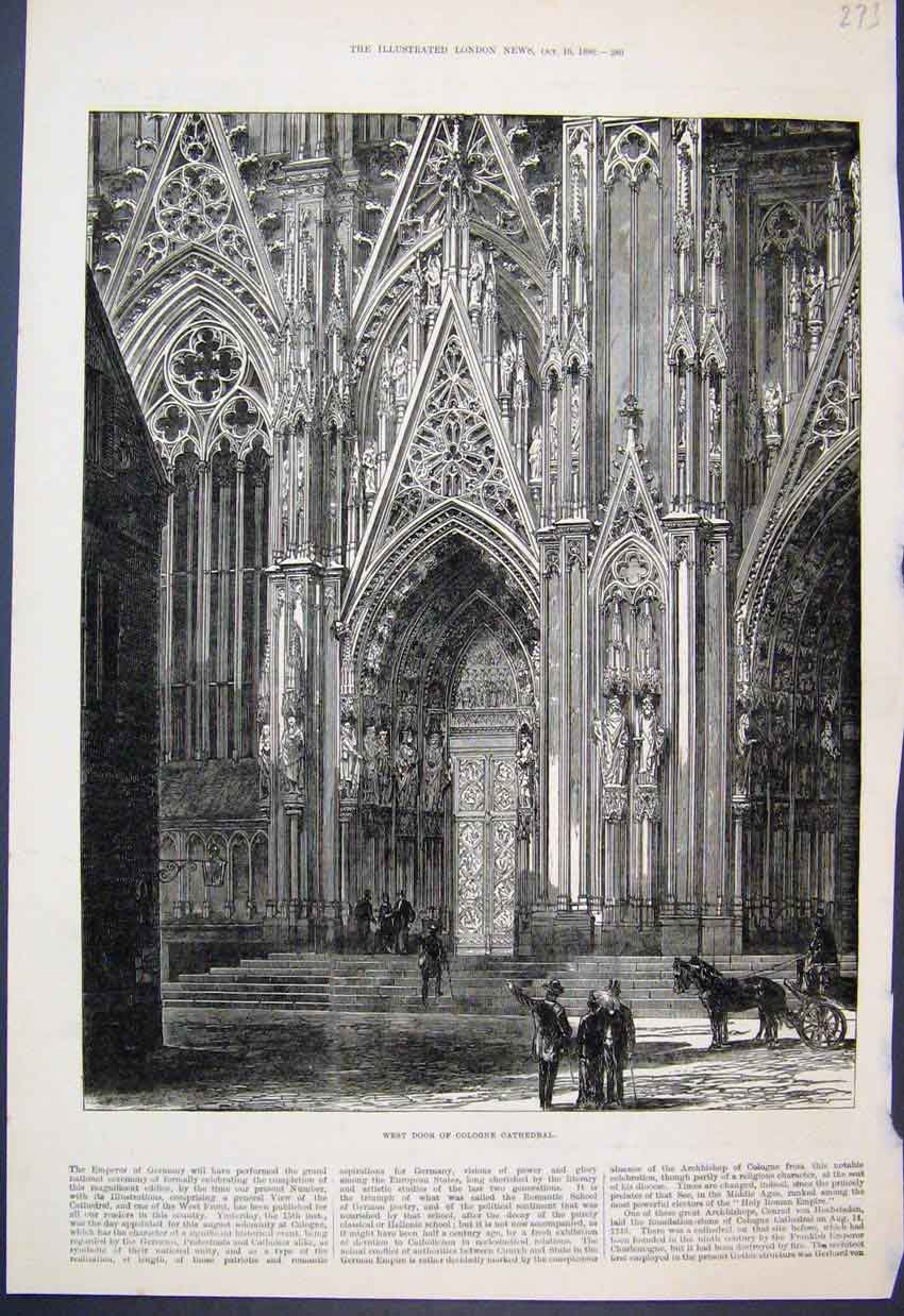 Original Old Antique Print 1880 West Door Cologne Cathedral Horse Victorian