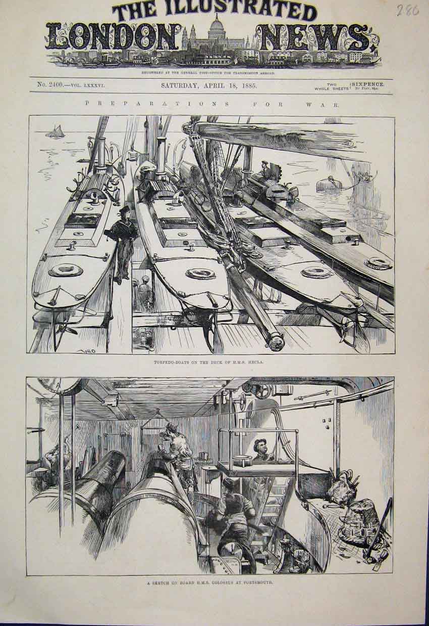Original Old Antique Print 1885 Torpedo Boat Hms Hecla Hms Colossus Sketch 19th