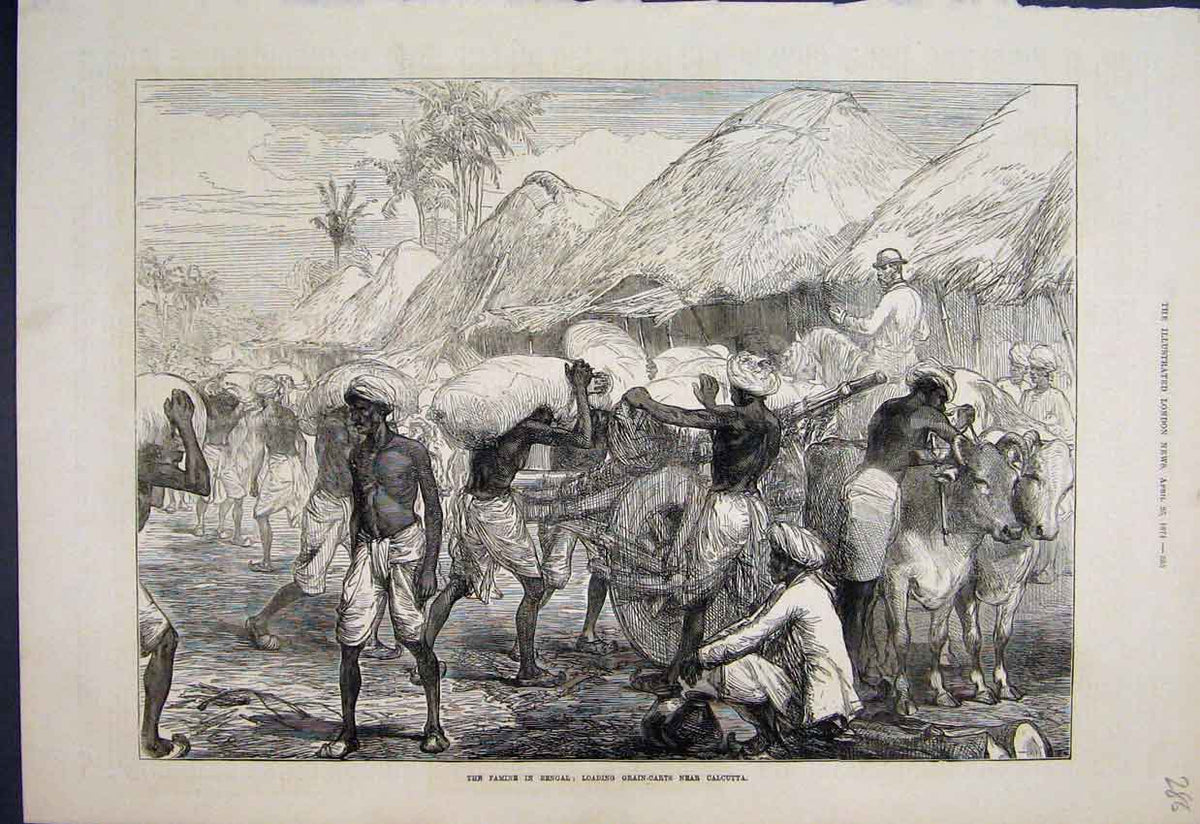 Original Old Antique Print 1874 Famine In Bengal Grain Carts Calcutta Victorian