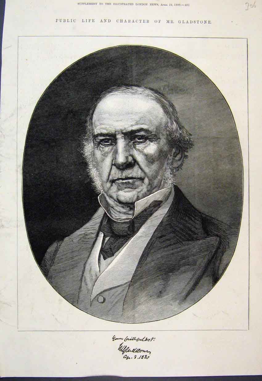 Original Old Antique Print 1880 Mr Gladstone Portrait Fine Art 19th