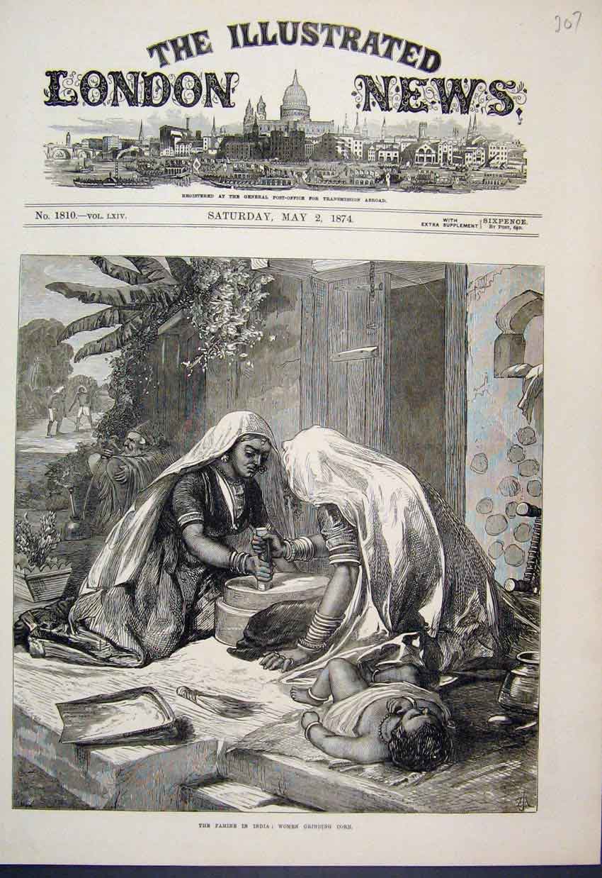 Original Old Antique Print 1874 Famine India Women Grinding Corn 19th