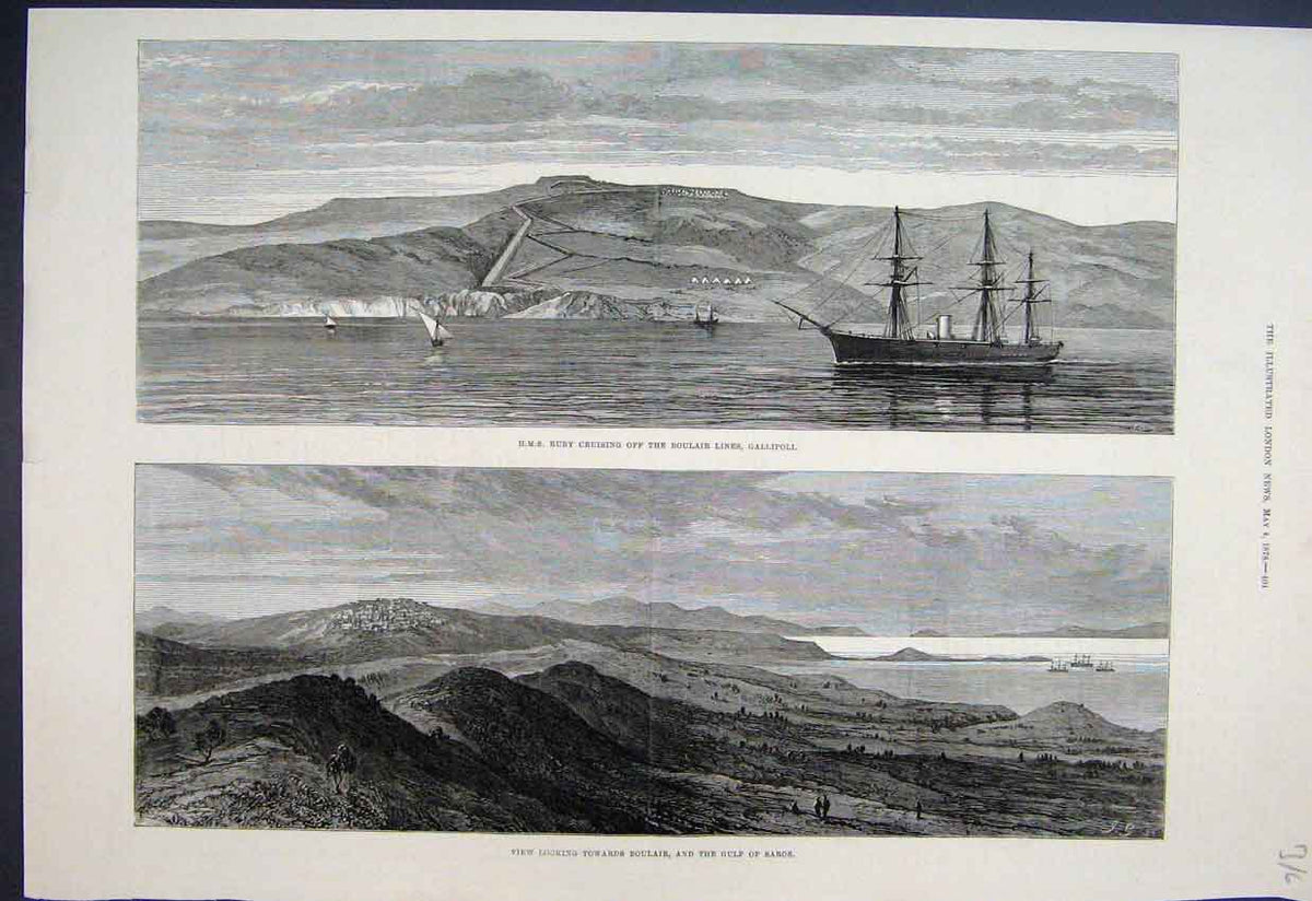 Original Old Antique Print 1878 Hms Ruby Boulair Gallipoli Saros Cruising 19th