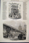 Original Old Antique Print 1845 Poulterers Shop Holburn Hill Newgate Market