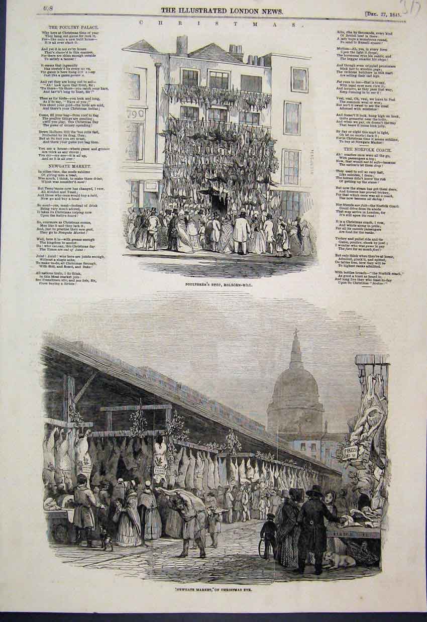Original Old Antique Print 1845 Poulterers Shop Holburn Hill Newgate Market