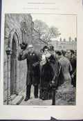 Original Old Antique Print 1880 Hawarden Church Men Lady 19th Century