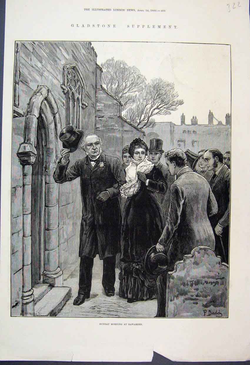 Original Old Antique Print 1880 Hawarden Church Men Lady 19th Century