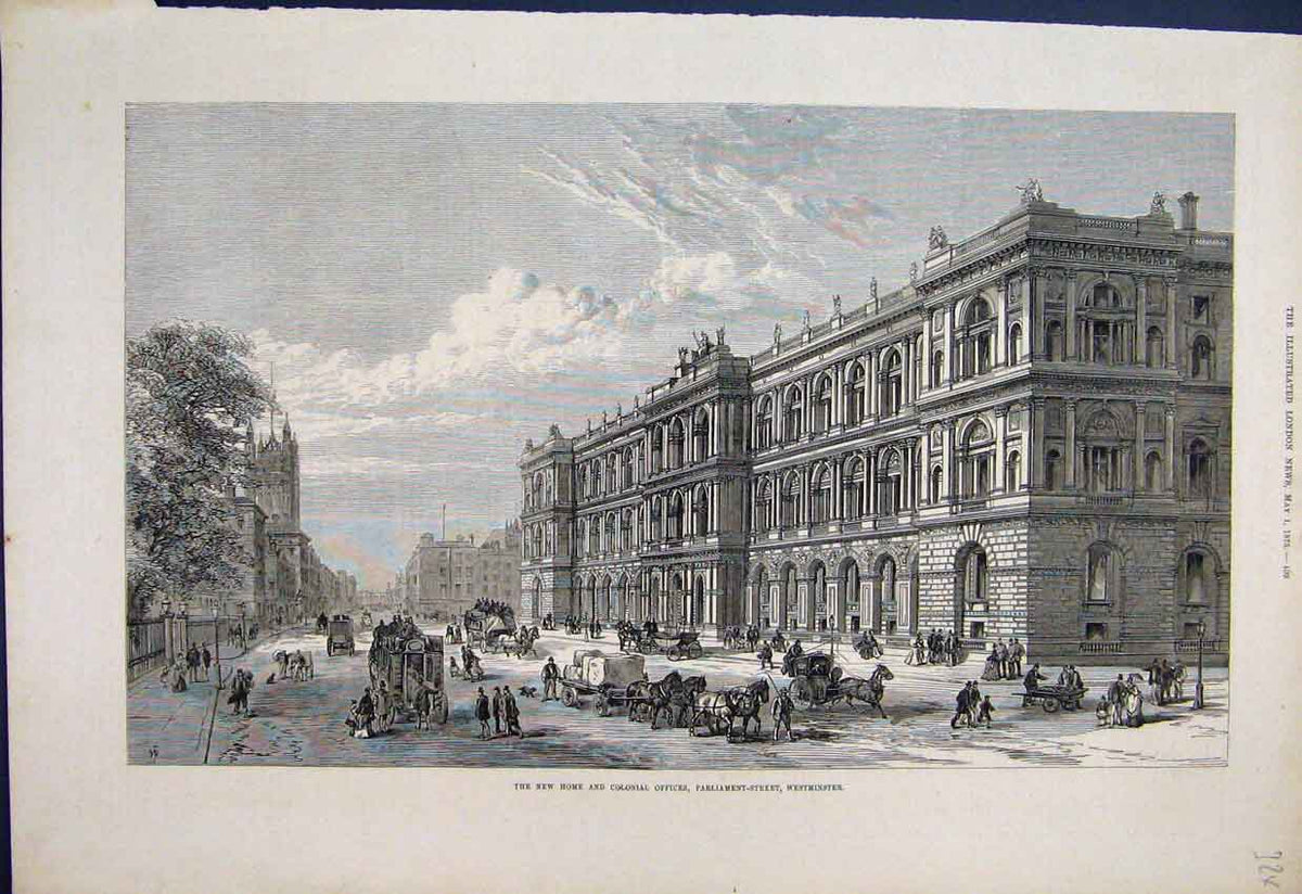 Original Old Antique Print 1875 Home Colonial Offices Westminster Horses 19th