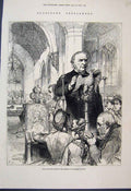 Original Old Antique Print 1880 Gladstone Reading Hawarden Church Victorian