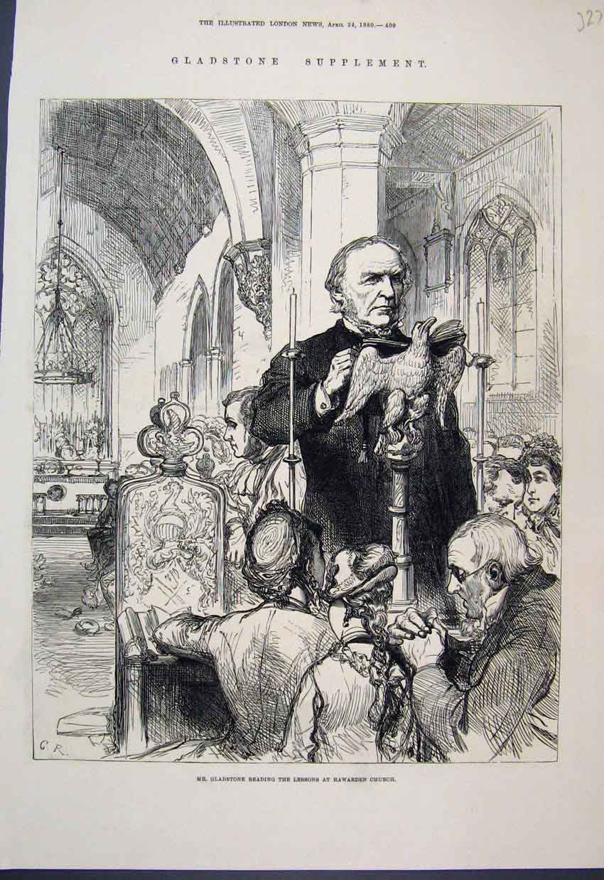 Original Old Antique Print 1880 Gladstone Reading Hawarden Church Victorian
