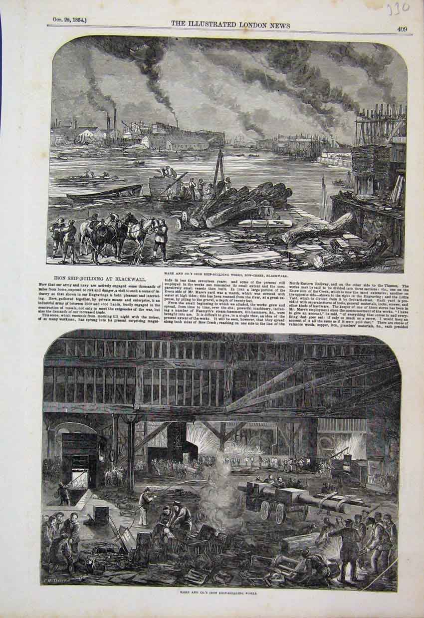 Original Old Antique Print 1854 Mare Ship Building Works Bow Creek Blackwall