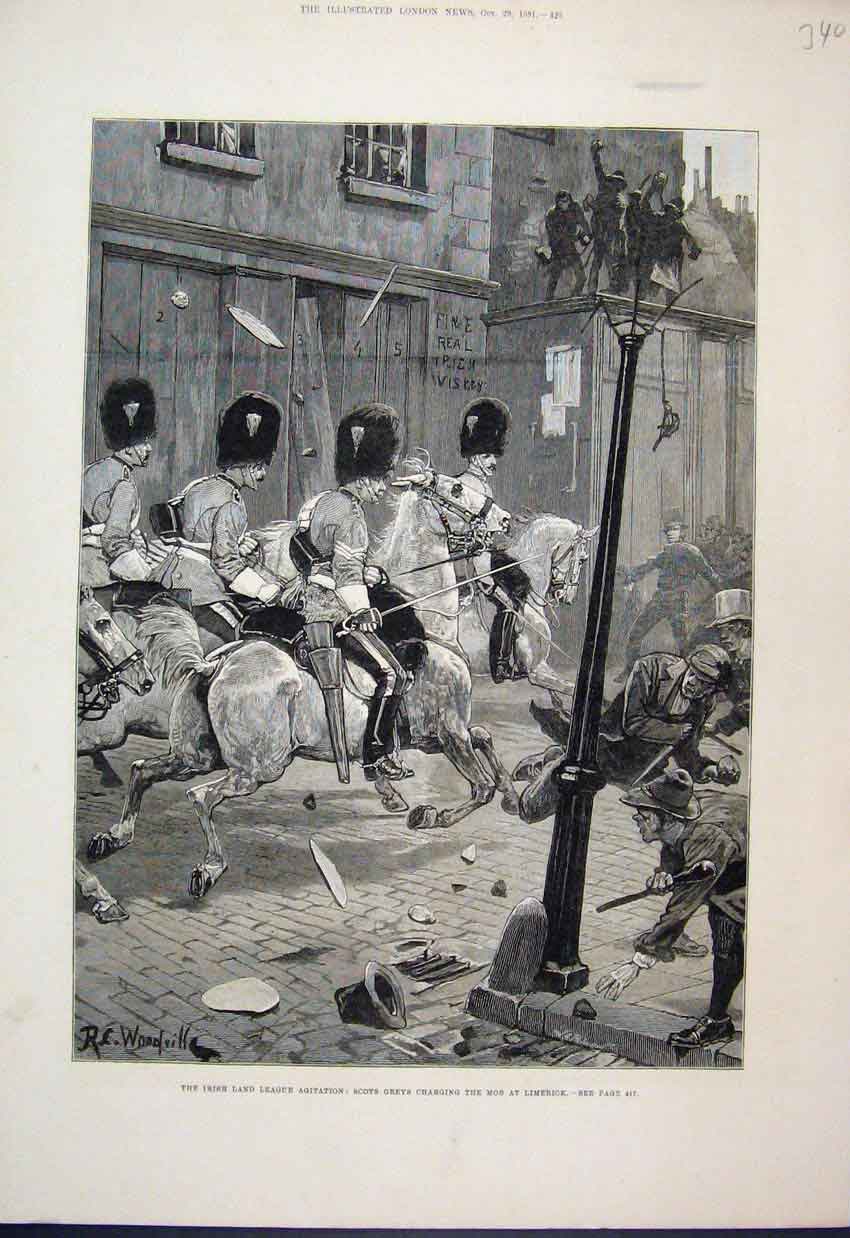 Original Old Antique Print 1881 Irish Land League Agitation Scots Grey 19th