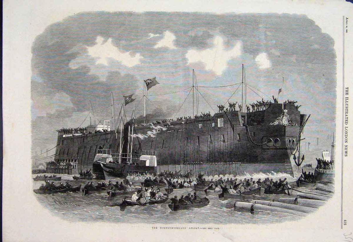 Original Old Antique Print 1866 Northumberland Ship People Small Boats Fine Art
