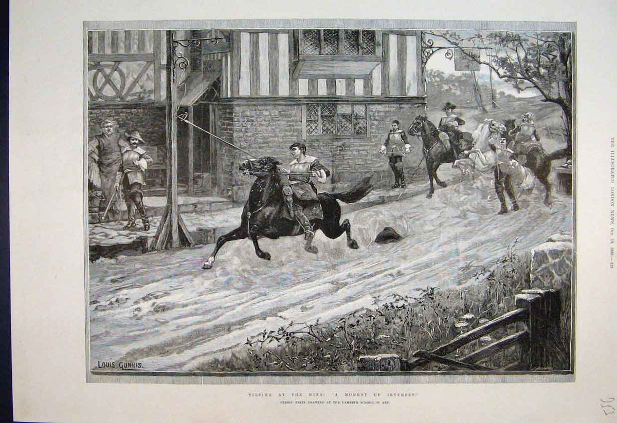 Original Old Antique Print 1888 Tilting Ring Horses Lambeth School Art Drawing