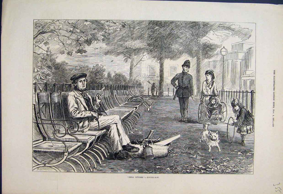Original Old Antique Print 1871 October Rotten Row Dog Children Police 19th