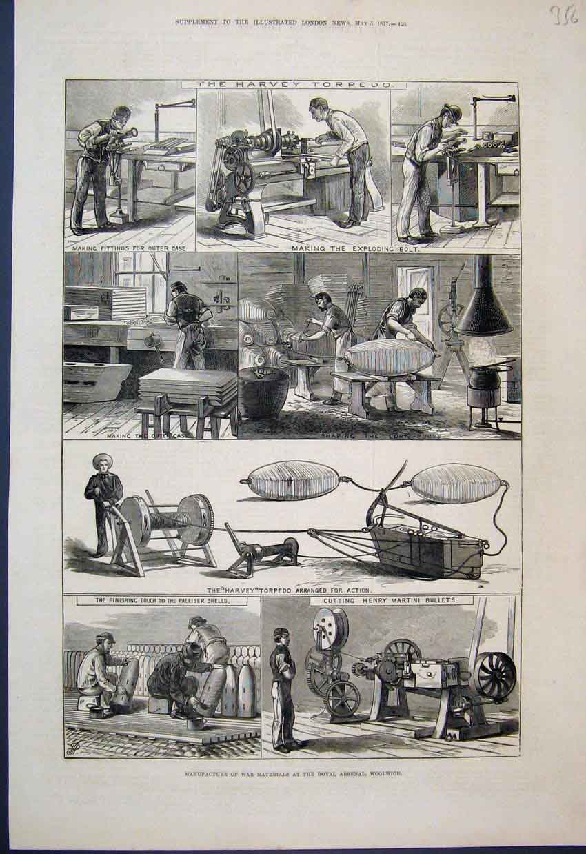 Original Old Antique Print 1877 Manufacture War Materials Royal Arsenal 19th