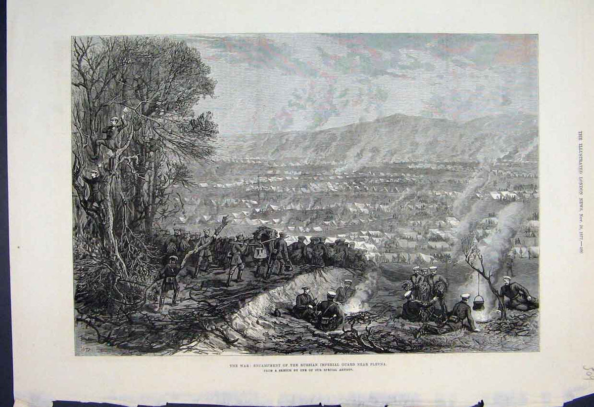 Original Old Antique Print 1877 War Encampment Russian Imperial Guard Plevna