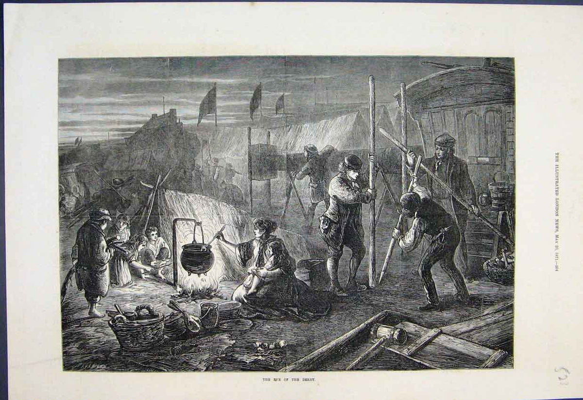 Original Old Antique Print 1871 Night Scene Derby Children Camp Fire Victorian
