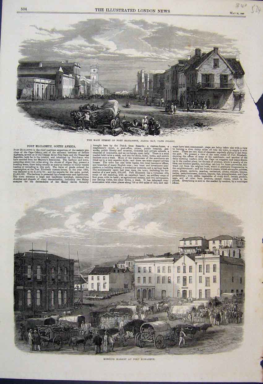 Original Old Antique Print 1866 Port Elizabeth Algoa Bay Cape Colony Market