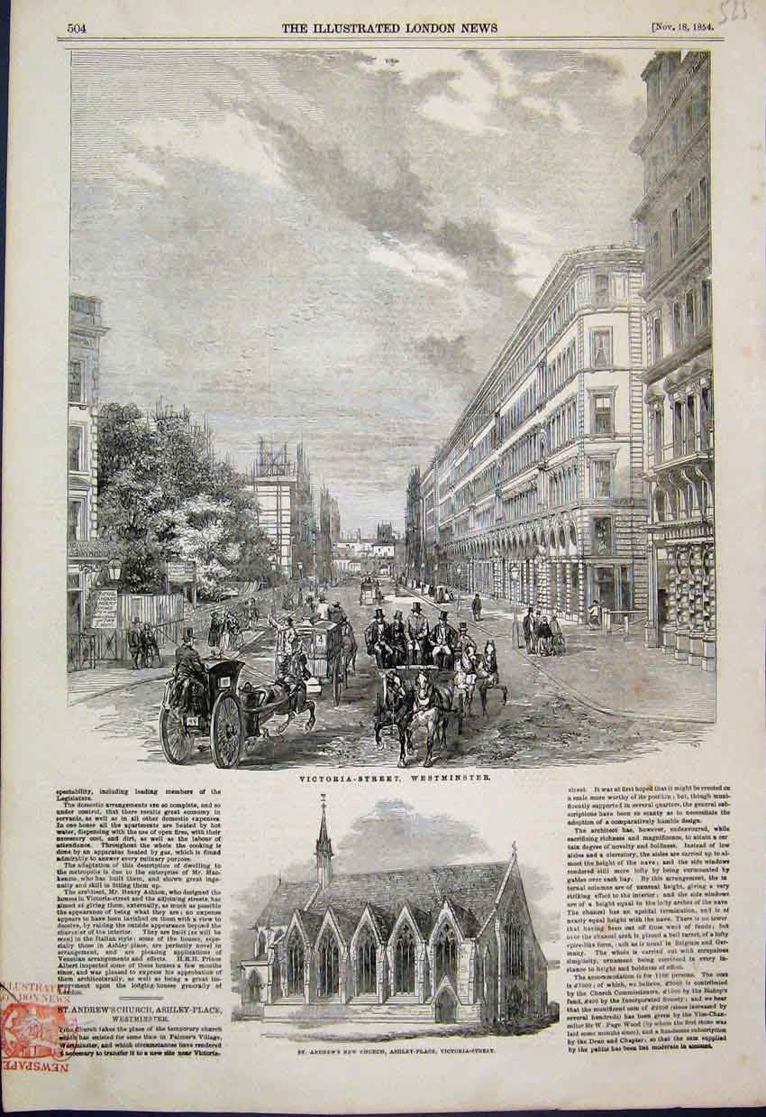 Old Antique Print 1854 Victoria Westminster Andrews Church Ashley Place 19th
