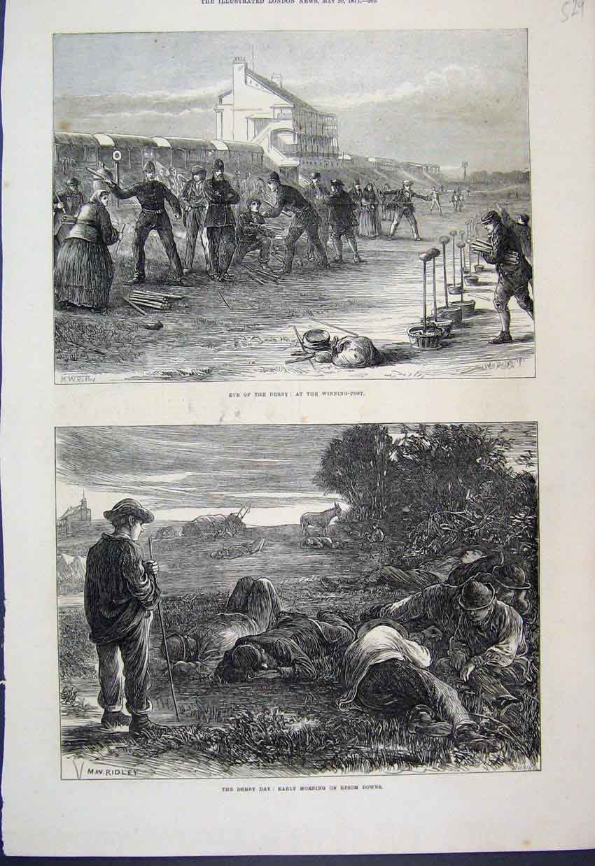 Original Old Antique Print 1871 Derby Horse Race Winning Post Epsom Downs 19th