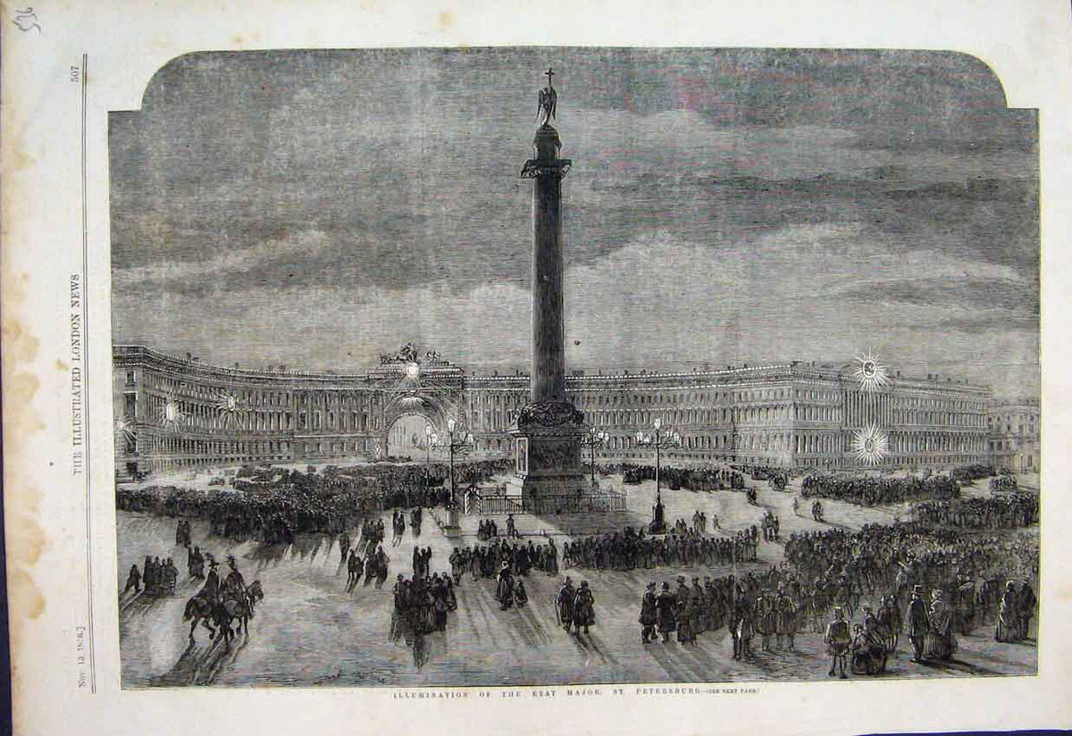 Original Old Antique Print 1856 Illuminations Etat Major St Petersburg 19th