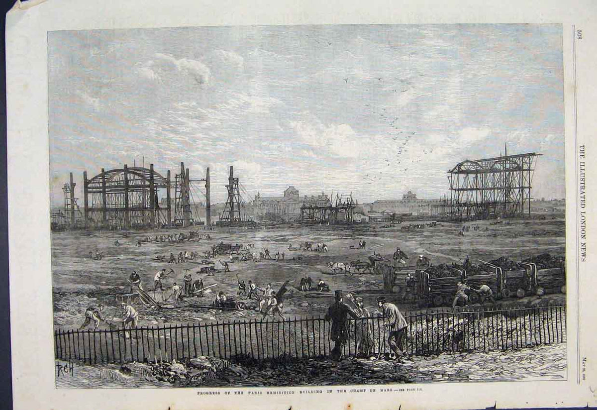 Original Old Antique Print 1866 Paris Exhibition Building Champ De Mars 19th