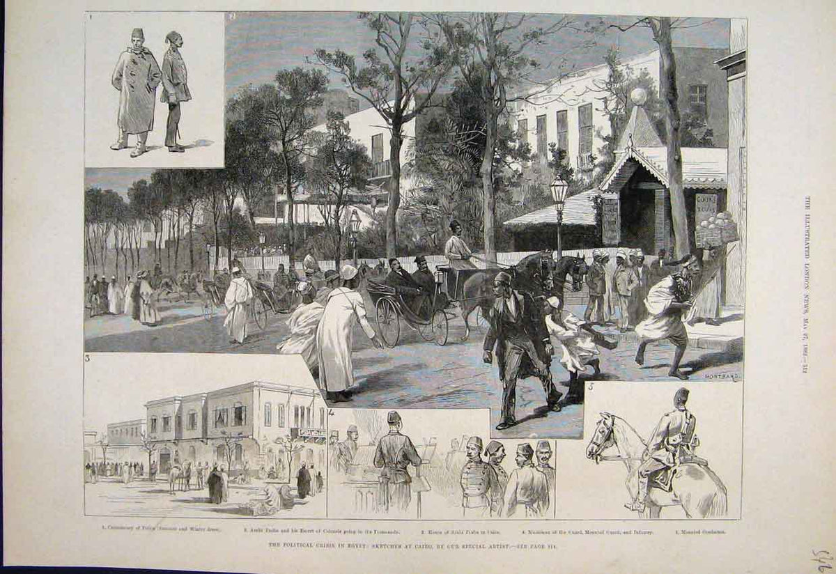 Old Antique Print 1882 Political Crisis Egypt Arabi Pasha Gendarme Sketch 19th