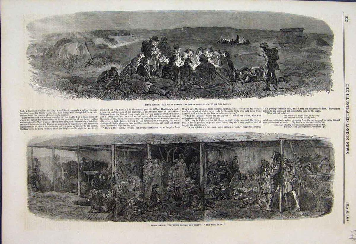 Original Old Antique Print 1858 Epsom Races Bivouacking Downs Night Scene 19th