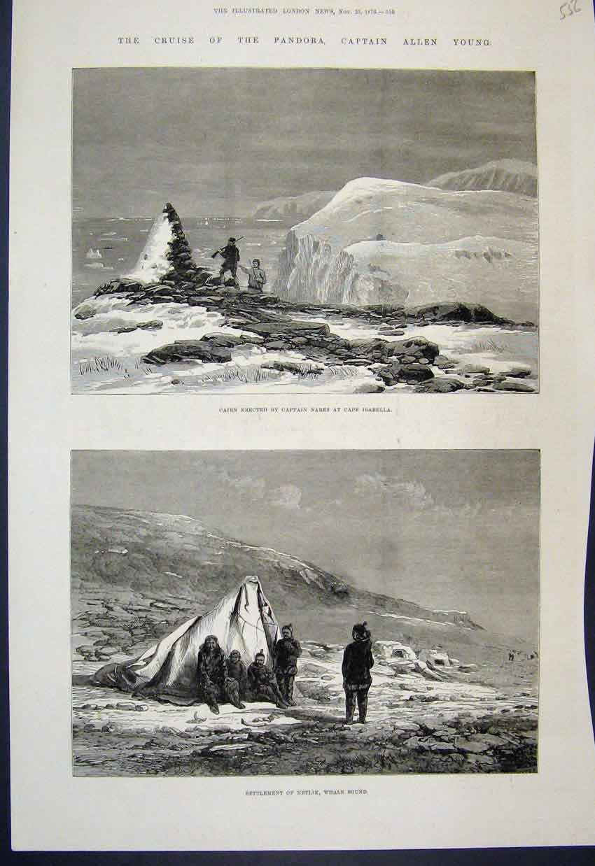 Original Old Antique Print 1876 Cairn Nares Cape Isabella Settlement Netlik