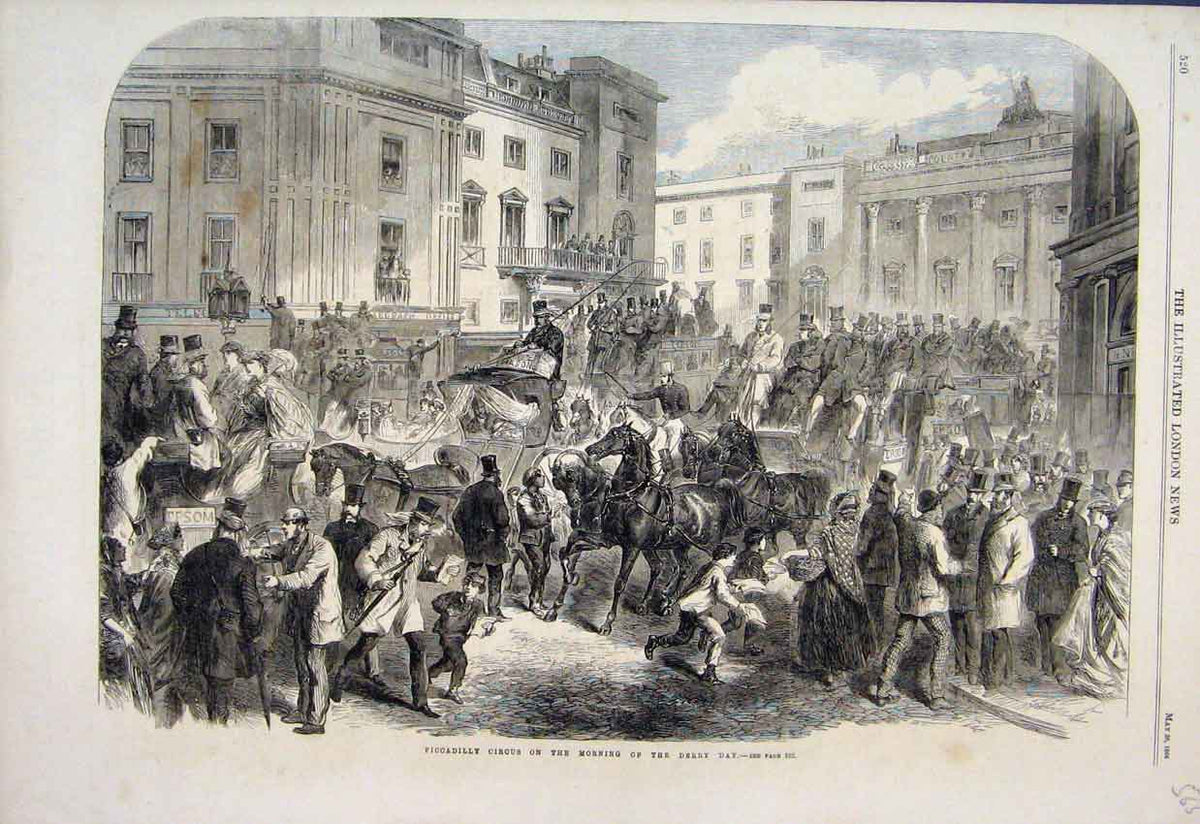Original Old Antique Print 1866 Piccadilly Circus Derby Day Horses Cart 19th