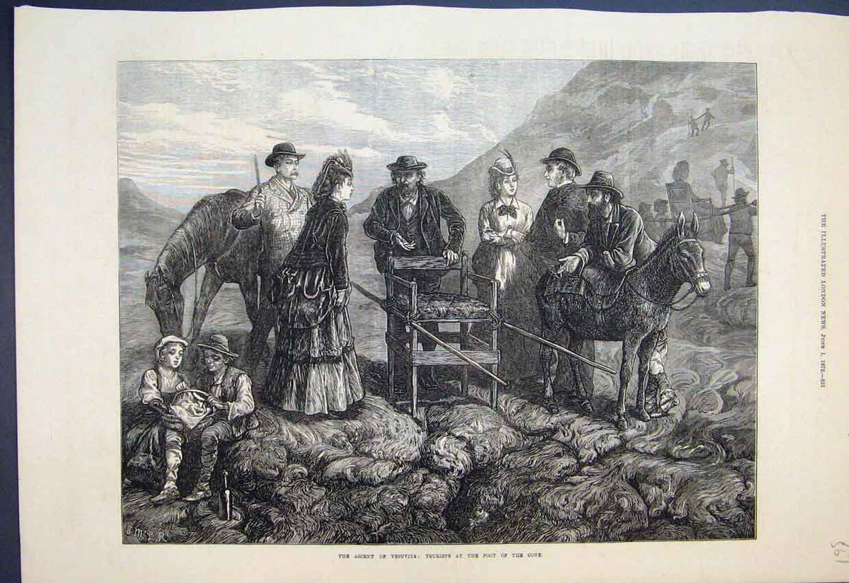 Original Old Antique Print 1872 Ascent Vesuvius Tourists Cone Donkey Fine Art