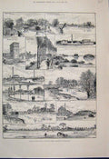 Original Old Antique Print 1884 London Waterworks Resevoir Finsbury Victorian
