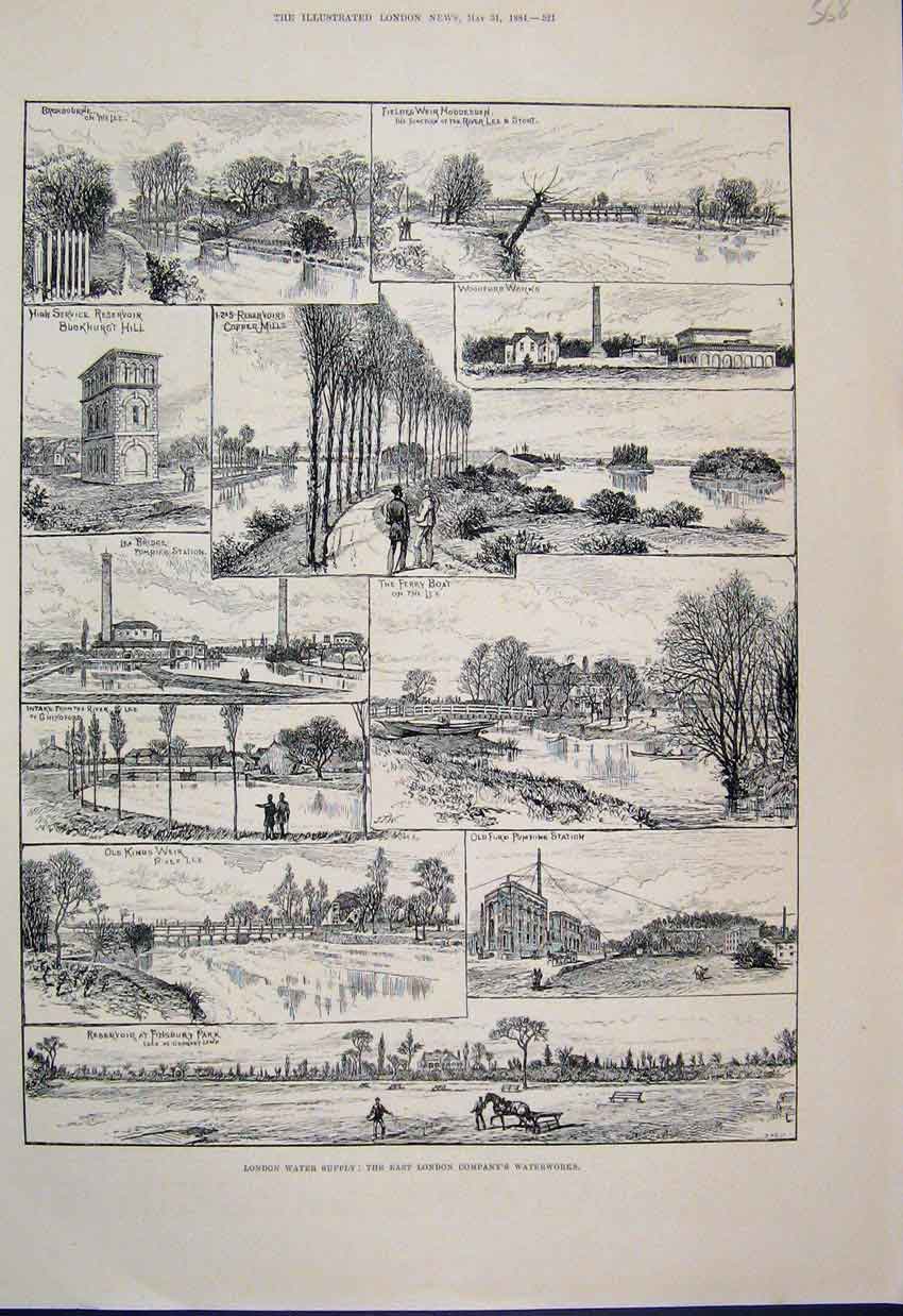 Original Old Antique Print 1884 London Waterworks Resevoir Finsbury Victorian